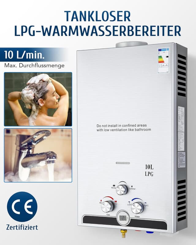 Detalle de CO-Z LPG Gasdurchlauferhitzer 10L Warmwasserbereiter (27–60 °C, 17 kW)
