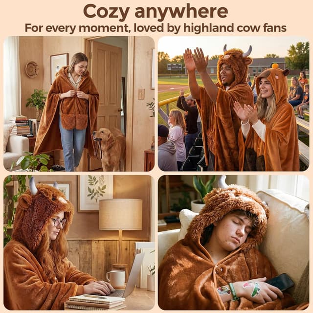 Detalle 2 de Mewaii Plaid à capuche en laine douce (vache highland) 130 x 158 cm — couverture pour enfant et adulte