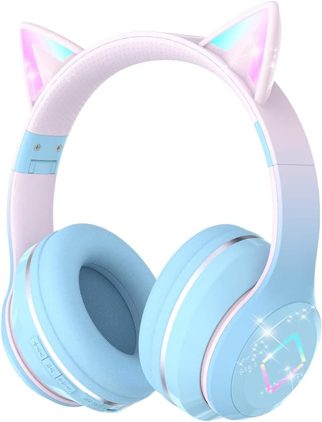 Detalle de Xunpuls Bluetooth Kids Headphones with Cat Ear LED, Foldable Wireless Over-Ear (Blue)