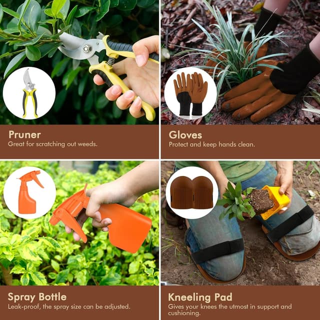 Detalle de YAUNGEL Set di attrezzi da giardinaggio da 10 pezzi in acciaio inox con manici in legno antiscivolo (rosa)