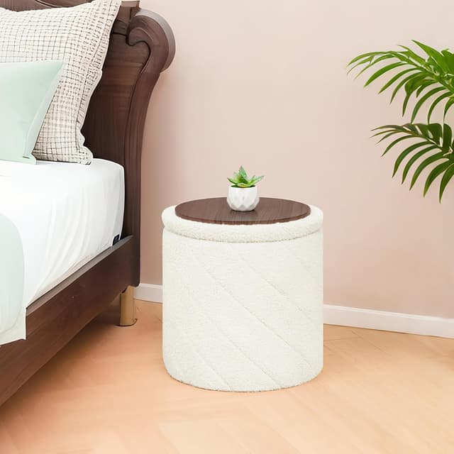 Detalle de Bonlife Round Ottoman Stool with Storage (33x33x35cm) – Boucle Folding Footstool with Lid & Tray, White