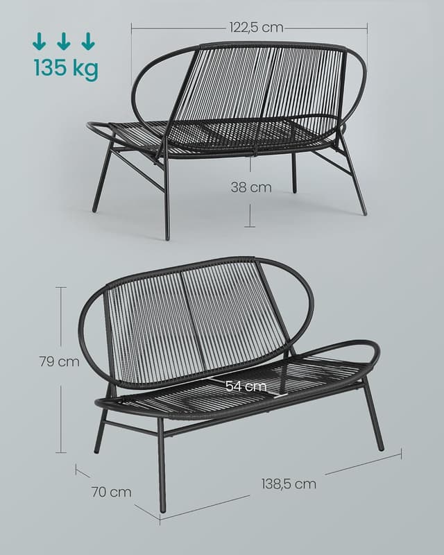 Detalle de SONGMICS Gartenbank 2-Sitzer aus PE-Rattan (tintenschwarz) mit Rückenlehne, für Balkon & Terrasse – GGF0026B01
