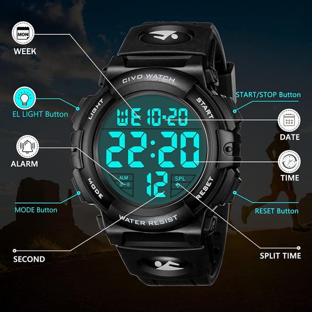 Detalle 2 de CIVO Mens Digital Sports Watch with Military-Style Big Numbers, 50m Waterproof & LED Backlight
