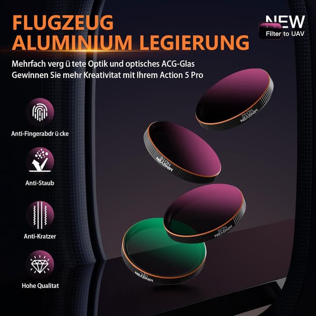 Detalle de MINGVEN ND-Filter-Set für DJI Osmo Action 5 Pro (CPL + ND-Filter, 4er-Set) – kompatibel mit Action 4/3