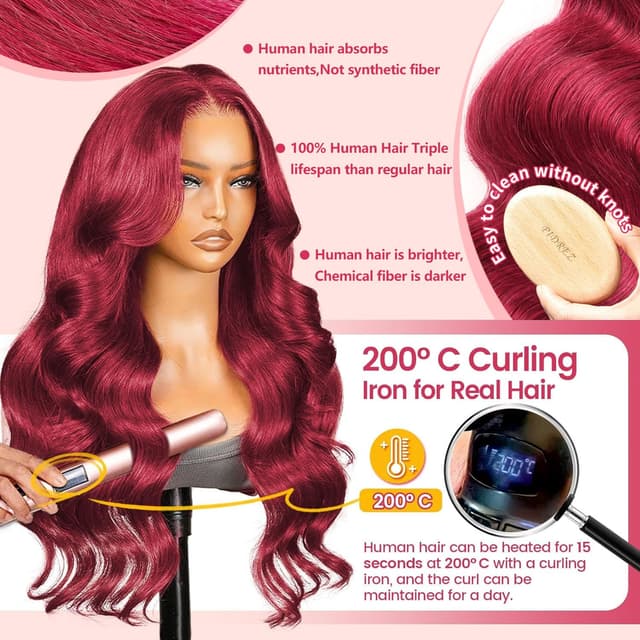 Detalle 2 de pidrez 250% Density 28-Inch Burgundy Human Hair 13x6 Lace Front Wig (99J) Body Wave