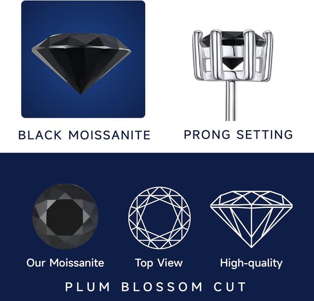 Detalle de MomentWish schwarze Moissanite Ohrstecker in 925 Sterling Silber (Solitäre Look) – 1 Karat pro Paar, 5/5,5/6,5 mm