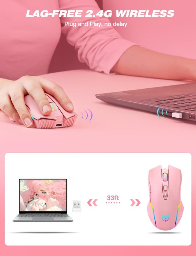 Detalle de ONITOON Wireless Gaming Mouse in Pink (2.4G) with RGB, 5 DPI levels and USB-C recharge