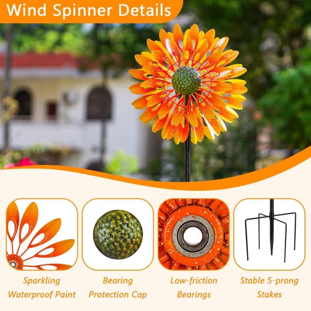 Detalle de VEWOGARDEN Sunflower Wind Spinner with 4 Blades — Metal Kinetic Outdoor Yard Decoration (63" tall)