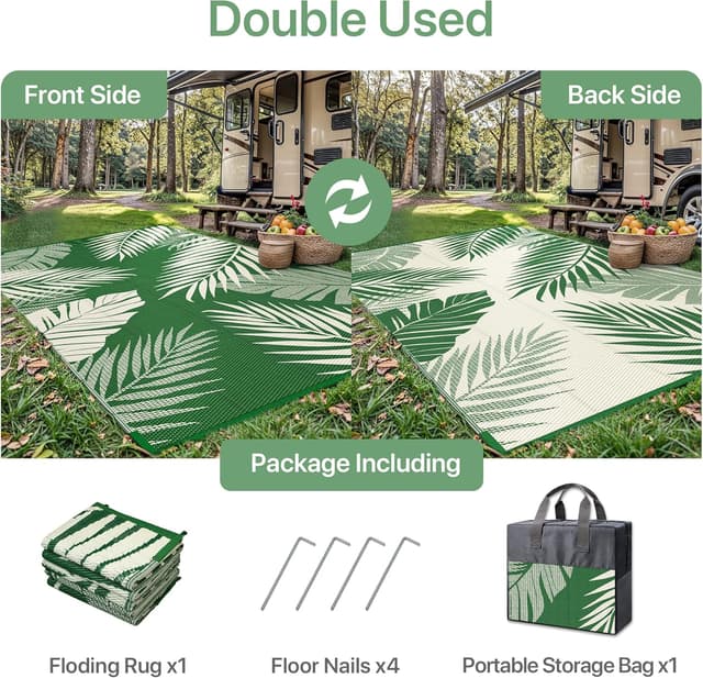 Detalle de GENIMO Outdoor Rug 150x240cm – Waterproof Reversible Garden Carpet (Dark Green)