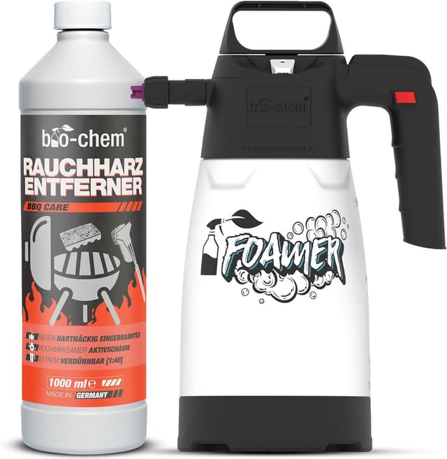 Detalle de bio-chem CLEANTEC Schaumsprüher & Rauchharz-Entferner Konzentrat 1L (1:40) inkl. Schaumkanone – Backofen- & Grillreiniger