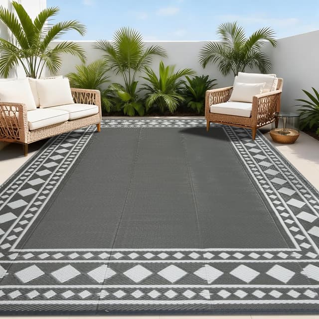 Detalle de Homcomodar Outdoor Rugs for Patios, Waterproof Reversible UV Resistant Plastic Carpet Mats 245x305cm, Grey