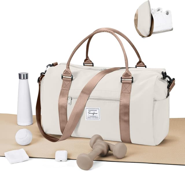 Detalle de WEPLAN waterproof sports gym bag with separate shoe compartment (beige brown)