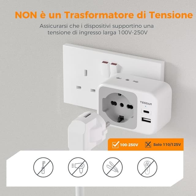 Thumbnail 6 de TESSAN Adattatore presa Inglese a spina Italiana Pack da 2 (Tipo G) con USB-C e USB-A, 5 in 1