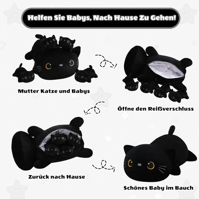 Detalle de SQEQE Black Cat Plush – 5-in-1 giant cat pillow with removable 4 baby kittens