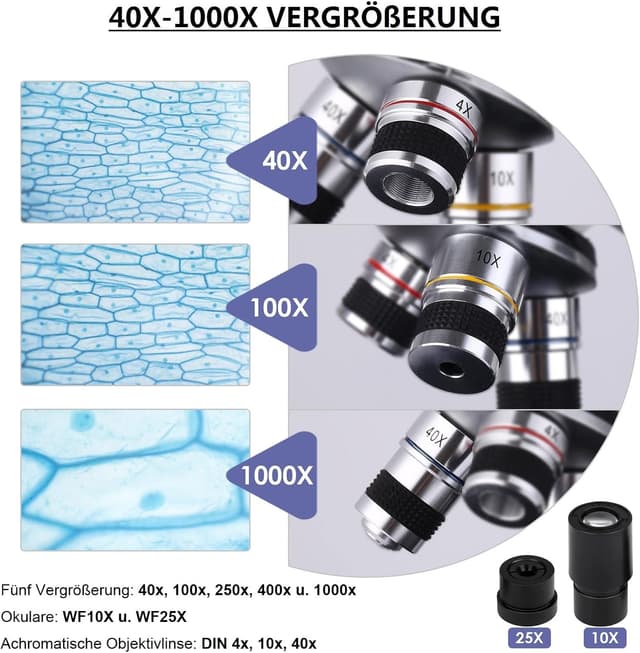 Detalle de Slevoo Mikroskop 40x–1000x für Kinder und Studenten