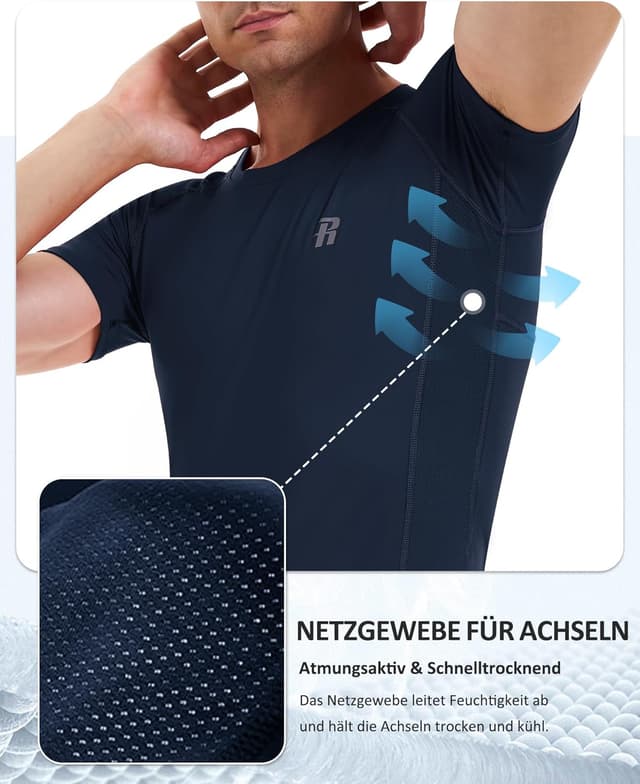 Detalle de Runhit 3er Pack Kompressionsshirt Herren Kurzarm – Funktionsshirt mit Schnell-Trocknung und atmungsaktivem Mesh