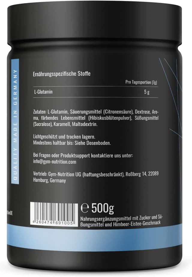 Detalle de Ultrareines L-Glutamin Pulver extra hochdosiert (500 g) – vegan, laborgeprüft – Eistee Himbeere