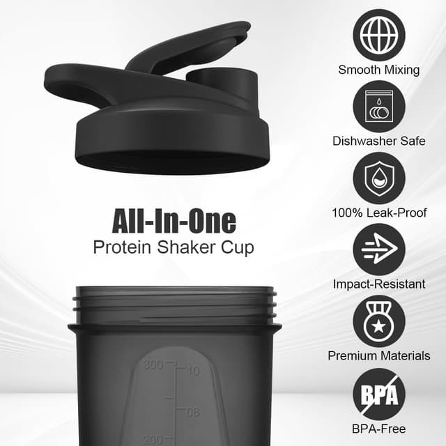 Detalle de Protein Shaker (2er-Set, 400 ml) mit Mixball und Messskala – BPA-frei, auslaufsicher, schwarz+weiß
