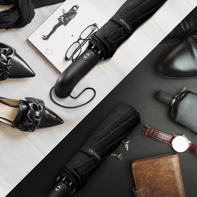 Detalle de Umbrella Windproof Compact – Strong Storm Proof Frame, Auto Open/Close Double Canopy, Teflon Water-Resistant (Black)