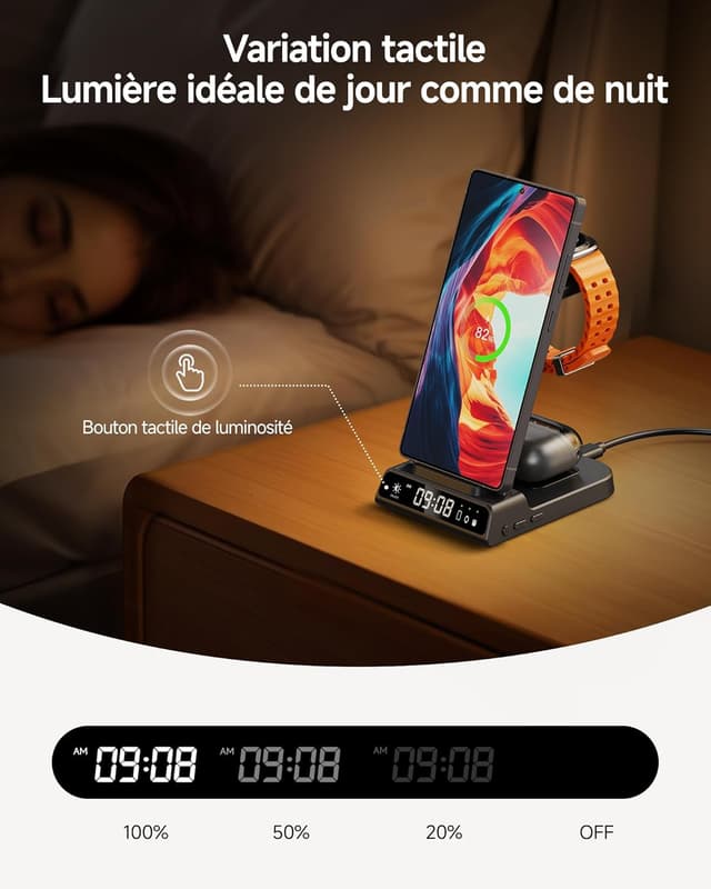 Detalle de Station de charge sans fil 3-en-1 pour Samsung (S25/S24/S23, Z Fold/Z Flip), chargeur induction Galaxy Watch et Galaxy Buds — avec horloge numérique