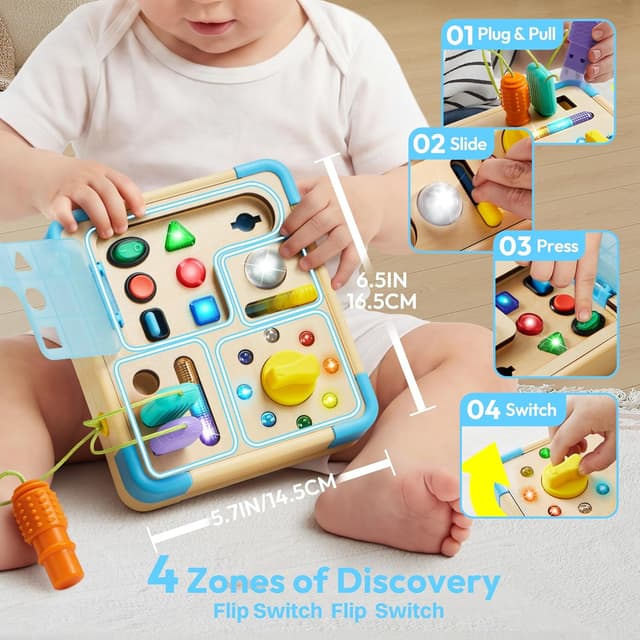 Detalle 2 de lalalark Montessori Busy Board Wooden Activity Board with 15 LED Lights and 9 Sound Effects