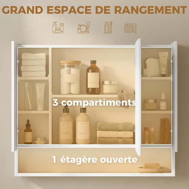 Detalle de kleankin Armoire murale de salle de bain avec miroir (3 portes, 90 x 15 x 75 cm) en blanc