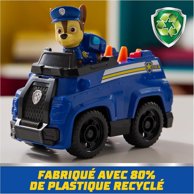 Detalle de Paw Patrol Pat Patrouille – Véhicule figurine Chase (voiture de police) en plastique recyclé