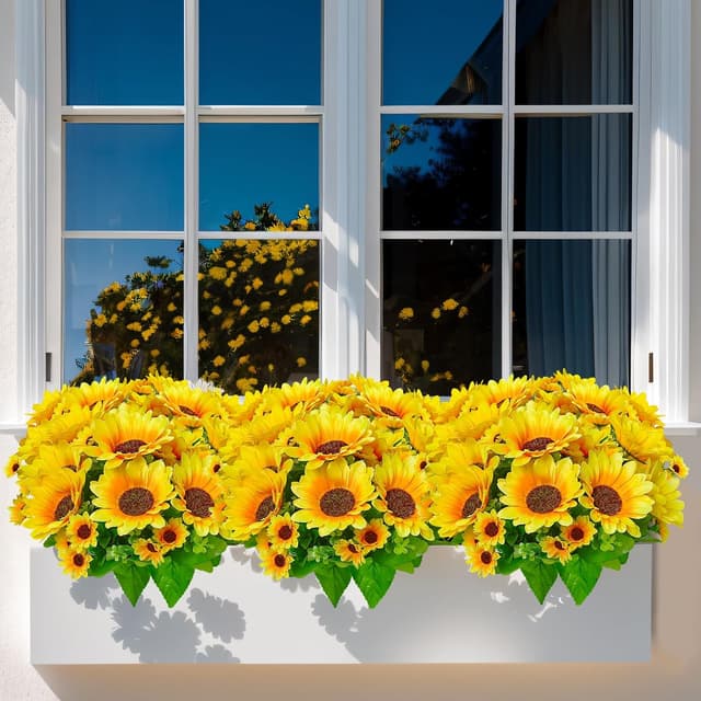 Detalle de Kinisty 4 Packs Large Artificial Sunflower Bouquets (Silk & Plastic) for Indoor/Outdoor Decoration
