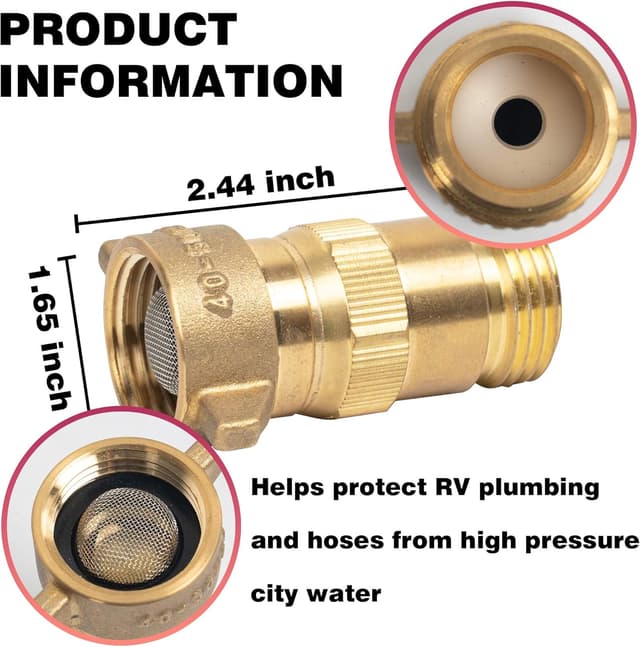 Detalle de Hourleey Brass RV Water Pressure Regulator (40–50 PSI) with Filter Screen