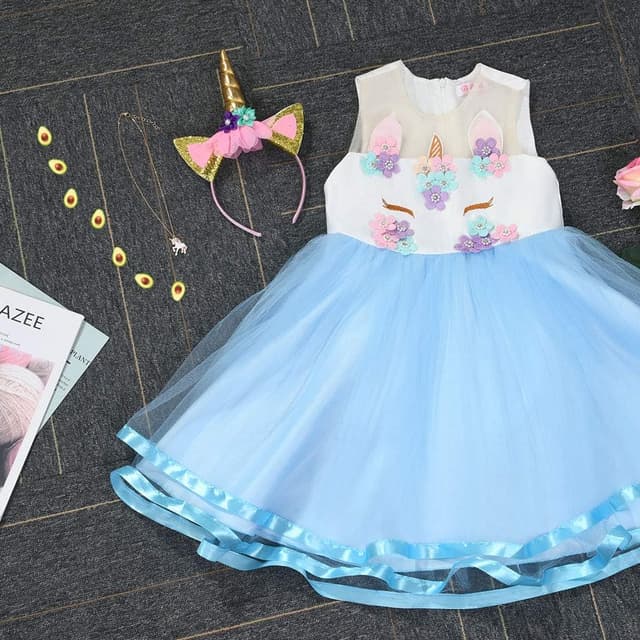 Thumbnail 6 de URAQT Mädchen Prinzessin Kleid mit Einhorn-Design (inkl. Halskette & Stirnband) – Blau, 110 cm