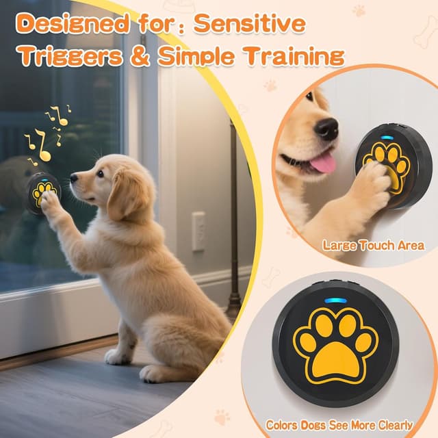 Detalle de ChunHee Dog Bell for Puppy Toilet Training (0–115dB, Adjustable Volume) with 28 Ringtones, Black/Yellow – 1 Pack