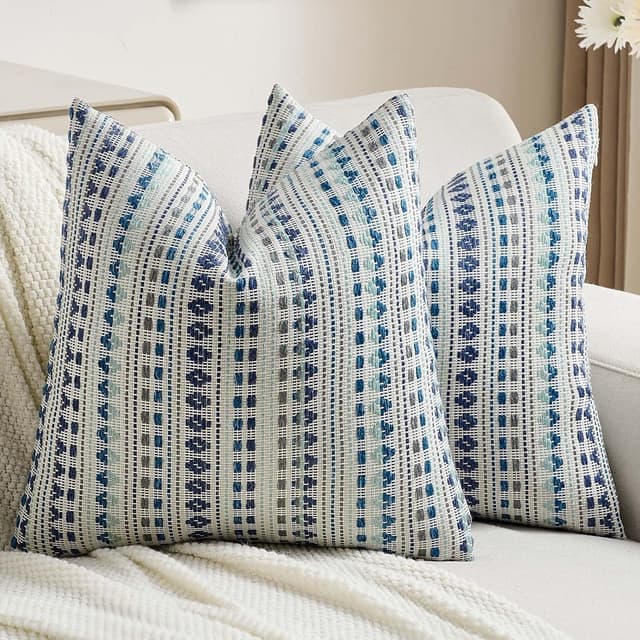 Thumbnail 6 de Ystyle Housse de coussin 45x45 (lot de 2) en chenille à rayures champêtre, bleu-vert