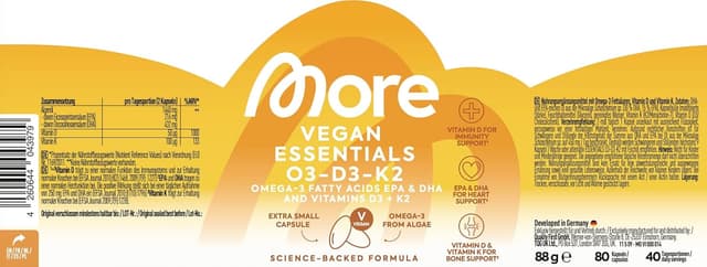 Detalle de MORE Vegan Essentials O3-D3-K2 (80 Kapseln) – veganes Omega-3 aus Algenöl mit Vitamin D3 & K2