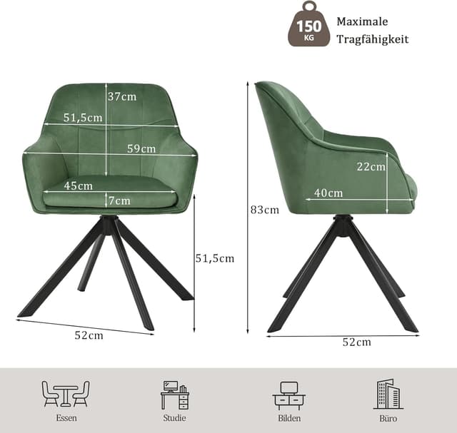 Detalle de Goeurvant Drehstuhl Esszimmer im 2er-Set mit Armlehne, Samt Grün und 360°-Drehfunktion