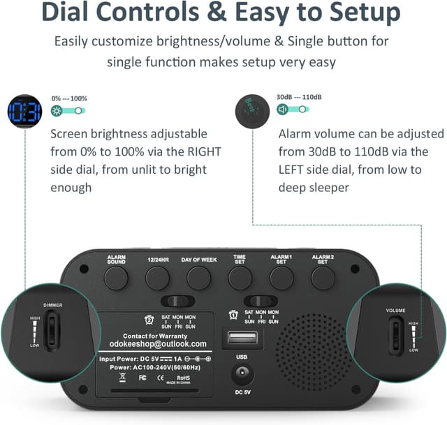 Detalle 2 de Odokee Digital Dual Alarm Clock for Bedroom