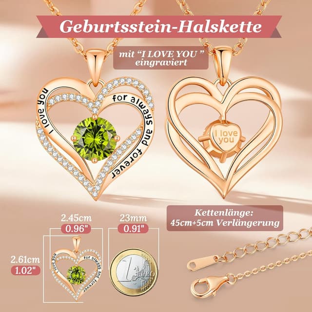 Detalle de CDE Damen-Halskette mit Herz-Anhänger, 925 Silber oder Messing, mit Zirkonia und Geburtsstein-Farben