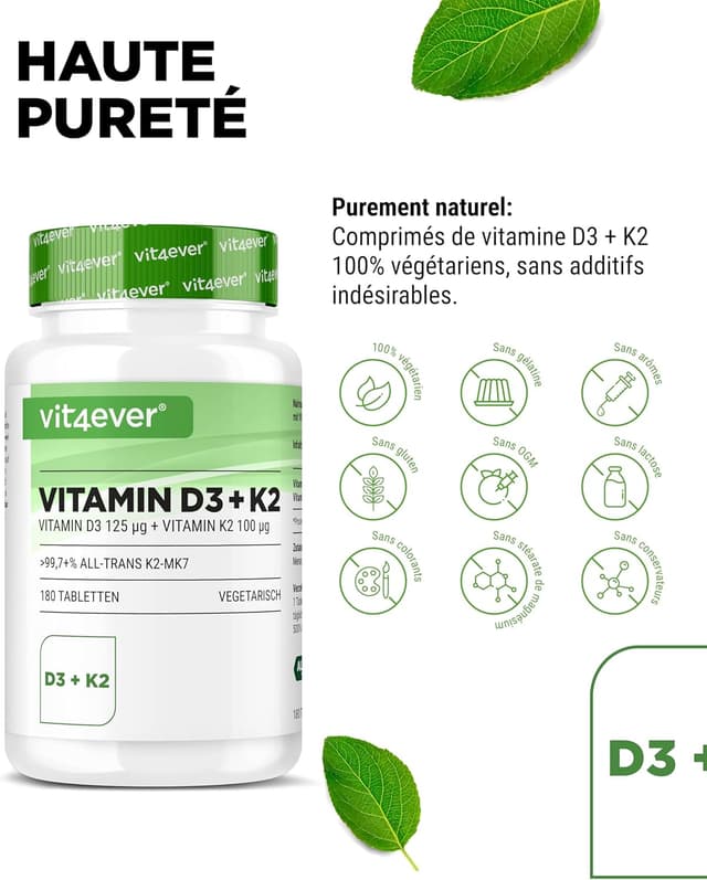 Detalle 2 de vit4ever Vitamine D3 + K2 Dépôt (180 comprimés) – 5000 UI D3 et 100 µg K2 MK7