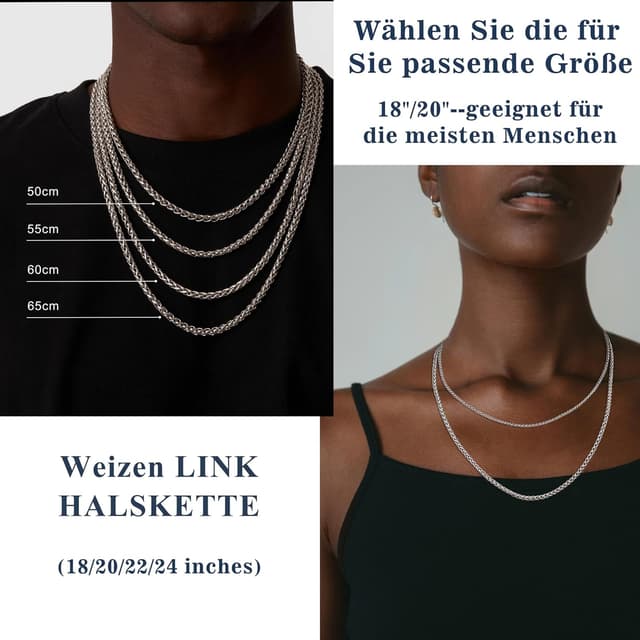 Detalle 2 de Esrael Weizen/Venetian Edelstahlkette (2/3 mm) in Silber für Herren & Jungen – Kettenlänge 18/20/22/24 Zoll