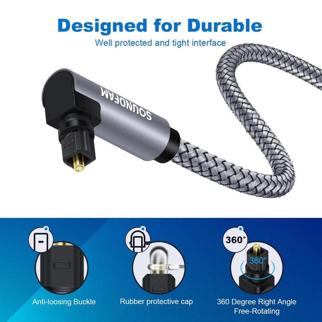 Detalle de SOUNDFAM 90-Grad optisches Kabel 3 m (Toslink) mit rechtwinkligem Anschluss – für Samsung TV, Soundbar & AV-Receiver
