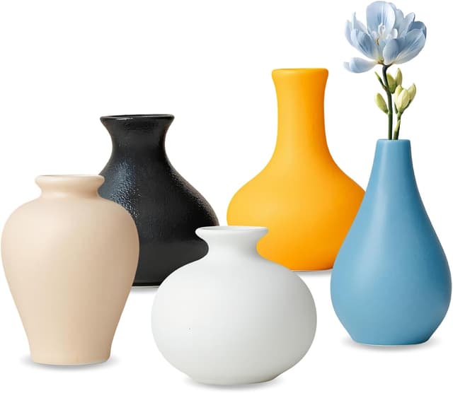 Detalle de Keramik Vasen 5er-Set – kleine Blumenvasen für moderne Deko, Pampas & getrocknete Blumen