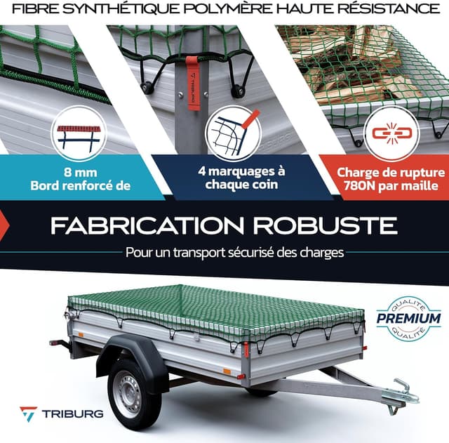 Detalle de TRIBURG filet pour remorque 1,5 x 2,7 m avec 6 crochets extenseurs et tendeurs en caoutchouc