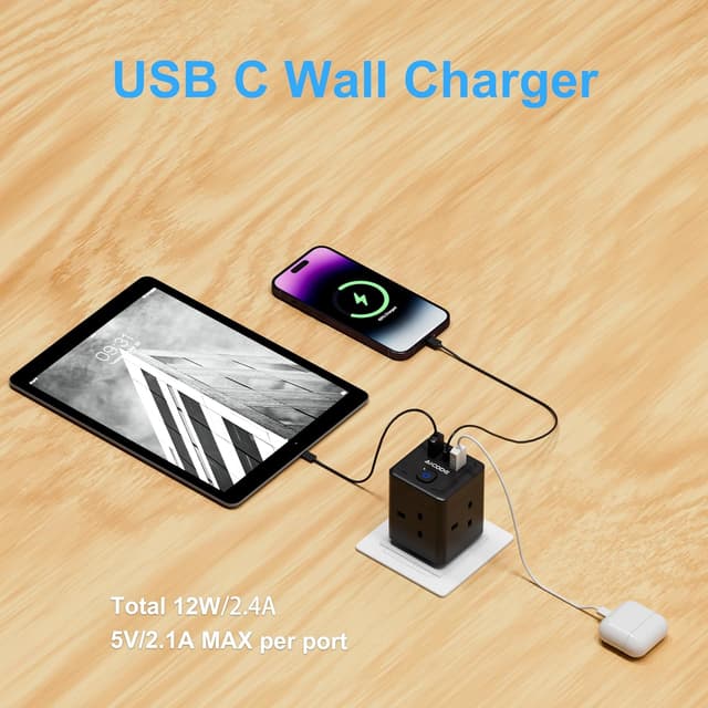 Detalle de AICODE 4-Way Multi Plug Adapter with 3 USB (USB-C + 2×USB-A) and Switch, 13A 3250W UK 3-Pin Cube Socket, Black