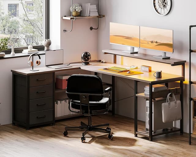 Detalle 2 de ODK Scrivania ad angolo reversibile con 2 prese, 2 porte USB e LED (Quercia Grigia) 155x110 cm