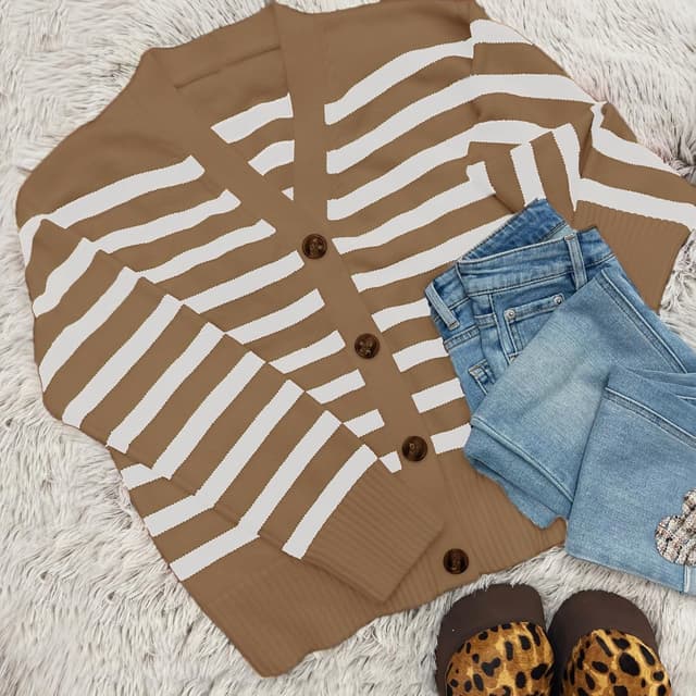 Detalle de Truwelby women’s v-neck open-front striped cardigan sweater