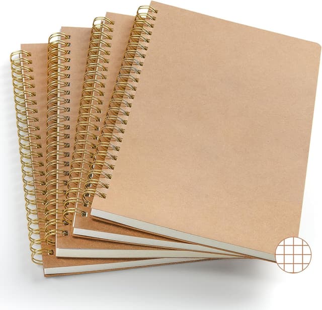 Detalle de VEESUN Notizblock A5 kariert (4er-Set) mit Spiralbindung, Kraft-Cover – 80 Blatt pro Block