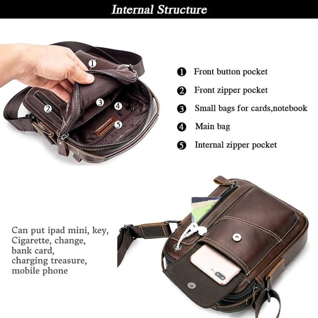 Detalle de BAIGIO men’s vintage leather shoulder bag (crossbody messenger) with adjustable strap