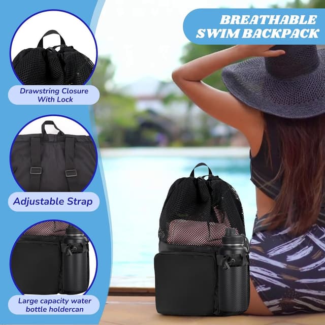 Detalle de QBEJIME Swimming Bag Mesh Drawstring with Wet Pocket and Waterproof Zipper