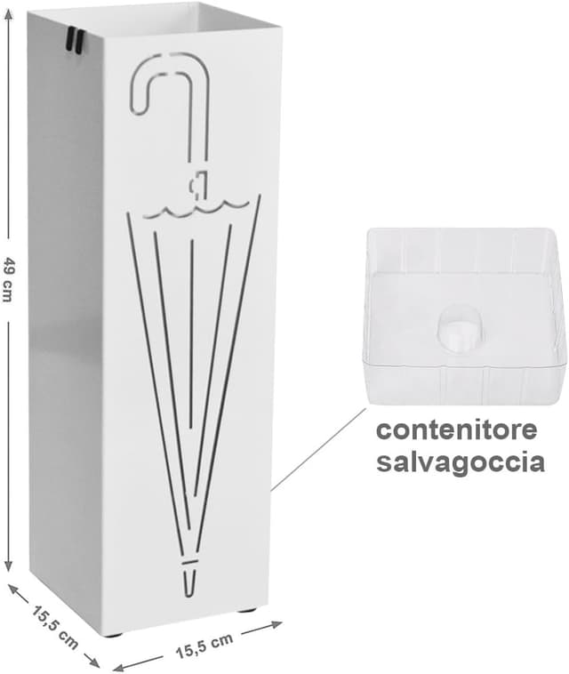 Detalle de BAKAJI BAK3W portaombrelli in ferro design quadrato bianco con vaschetta salvagoccia e ganci