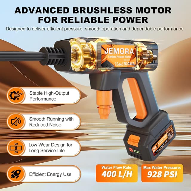 Detalle 2 de JEMORA Cordless Pressure Washer (6-in-1) with 2 Batteries, 5m Hose & Direct Tap Connection