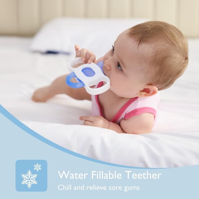 Detalle de Momcozy Baby Teether Toys (Food-Grade Silicone) — Yellow and Blue, Water-Fillable Chilling Teething Relief